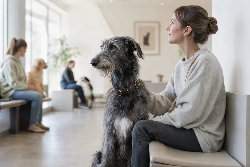 Ein Deerhound sitzt ruhig neben seinem Besitzer im hellen Wartezimmer einer modernen Tierarztpraxis.